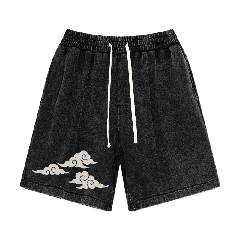 Oriental Cloud Graphic Vintage Washed Streetwear Shorts - Black - 3XL - image 1