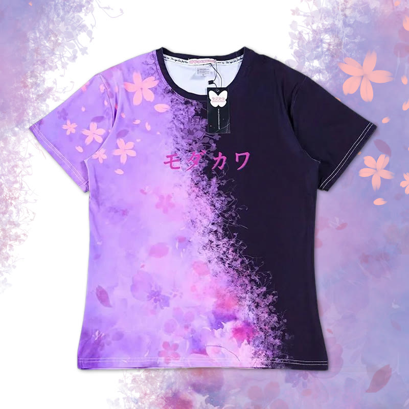 Sakura Gradient Letter Print Modakawa T-shirt - Black&Purple - 5XL - image 1