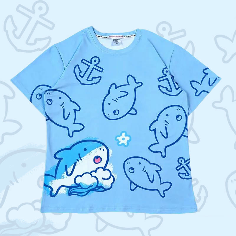 Shark Print Modakawa T-shirt - Blue - 5XL - image 1