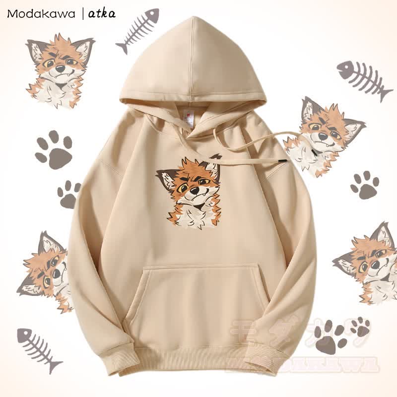 Funny Fox Graphic Fleece Lined Hoodie - Apricot - 5XL - image 2
