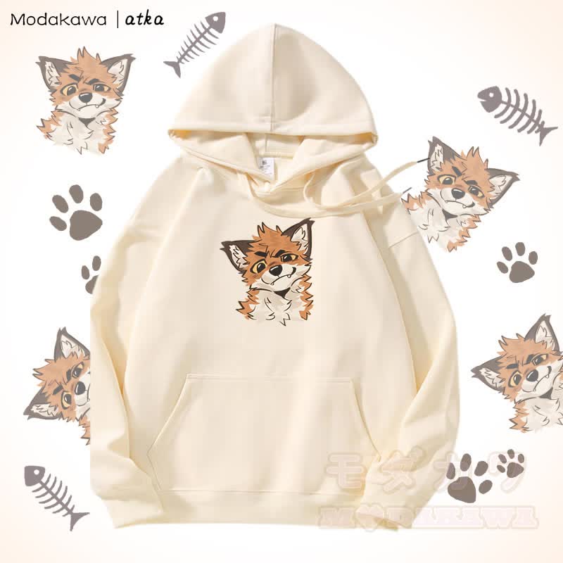 Funny Fox Graphic Fleece Lined Hoodie - Beige - 5XL - image 1