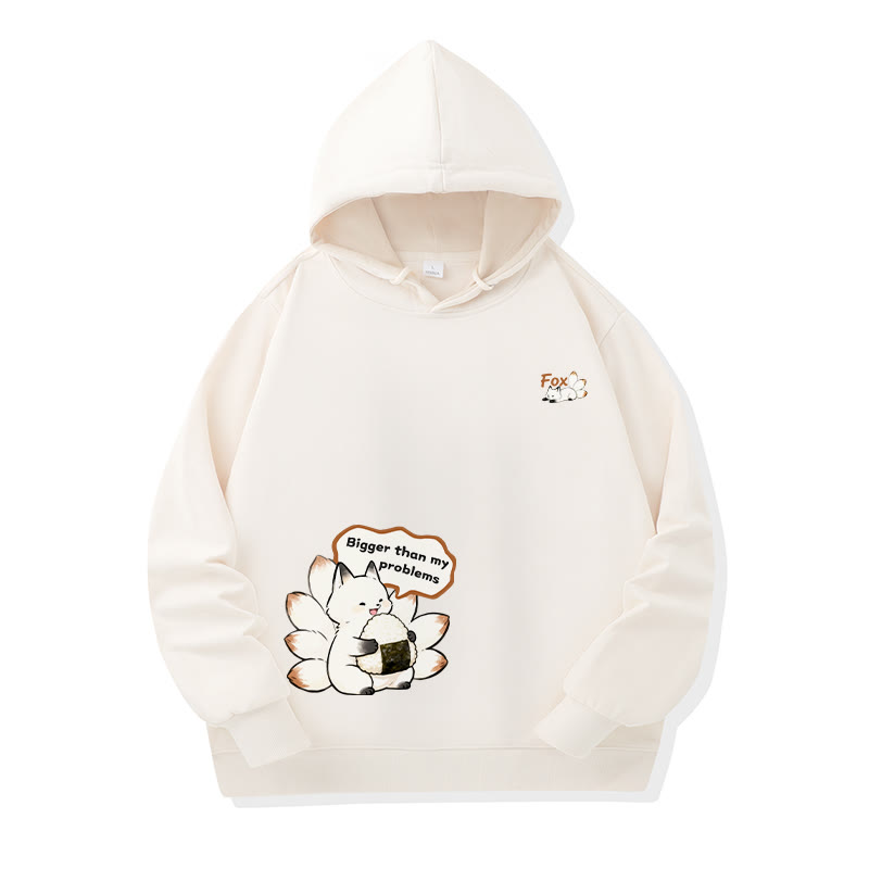 MODAKAWA Nine-Tailed Fox Eating Rice Ball Graphic Cotton Hoodie with Side Pockets - Apricot - 4XL - image 1