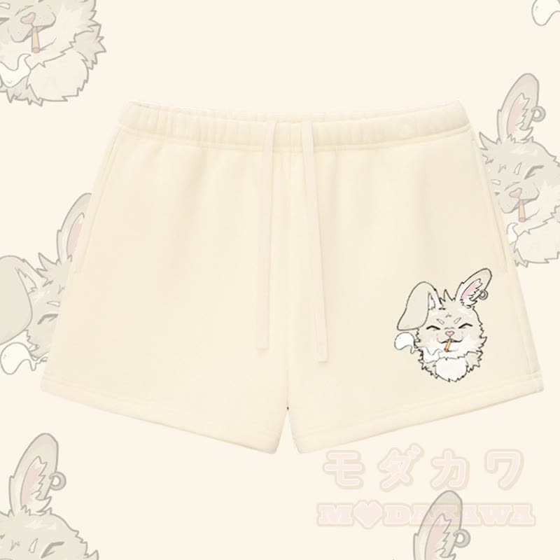 MODAKAWA Smoking Bunny Graphic Thick Fleece Lined Shorts - Apricot - L - image 2