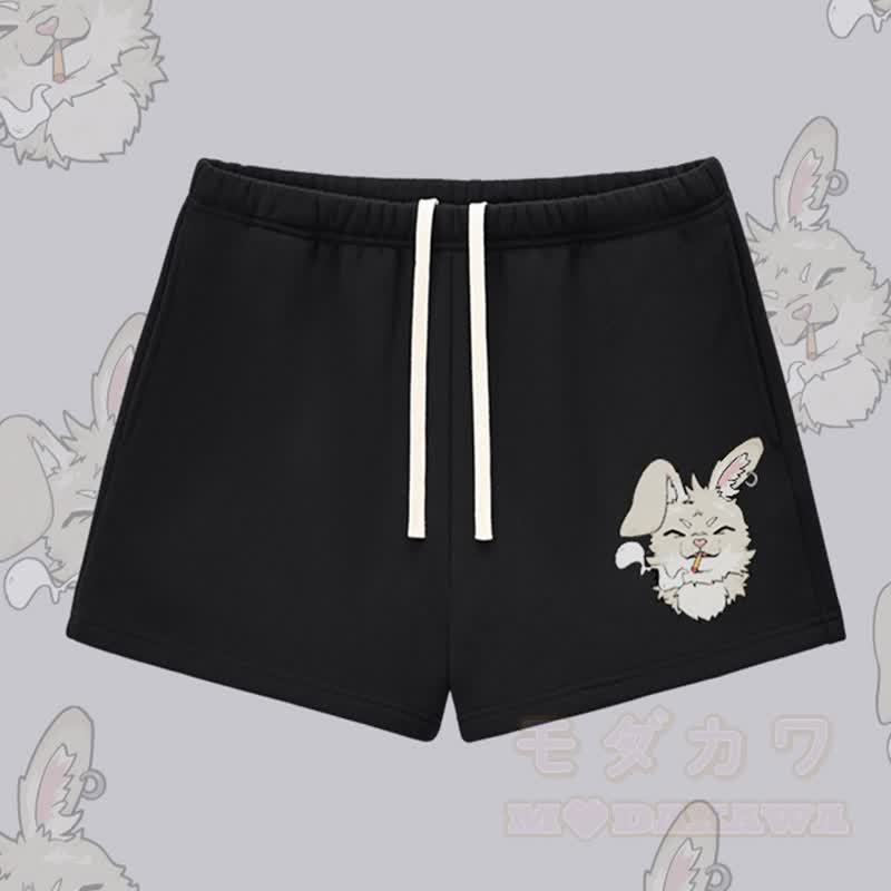 MODAKAWA Smoking Bunny Graphic Thick Fleece Lined Shorts - Black - L - image 1