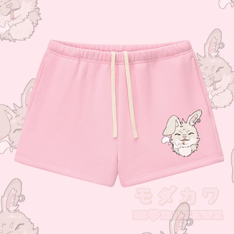 MODAKAWA Smoking Bunny Graphic Thick Fleece Lined Shorts - Pink - L - image 4