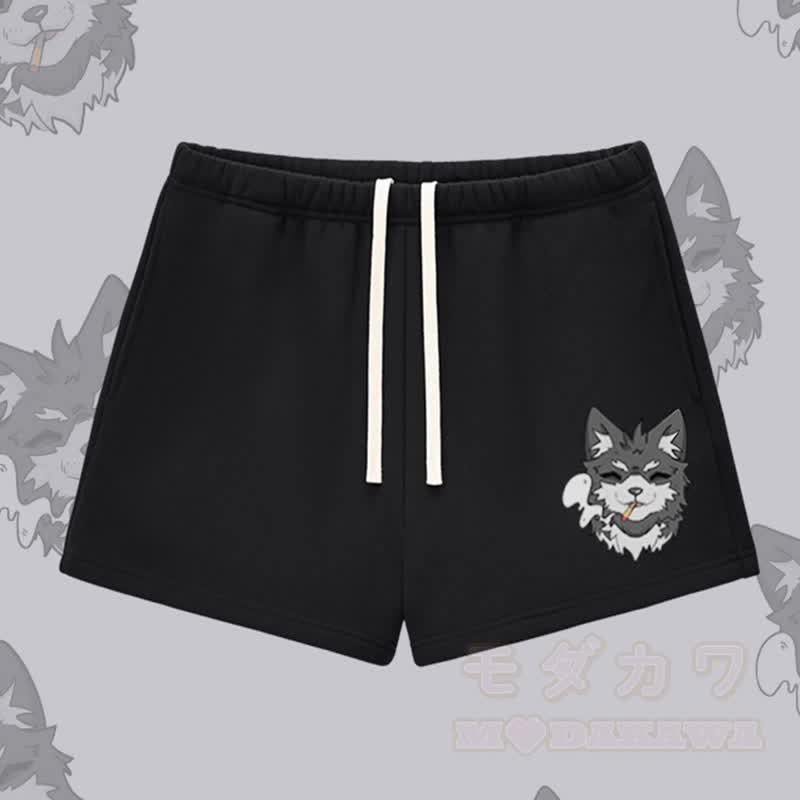 MODAKAWA Smoking Puppy Graphic Thick Fleece Lined Shorts - Black - L - image 2