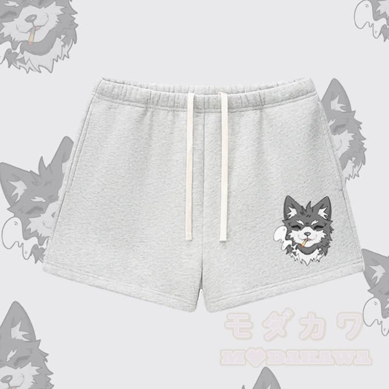 MODAKAWA Smoking Puppy Graphic Thick Fleece Lined Shorts - Grey - L - image 1