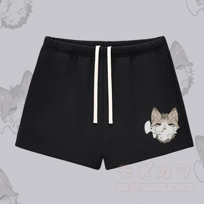 MODAKAWA Smoking Cat Graphic Thick Fleece Lined Shorts - Black - L - image 2