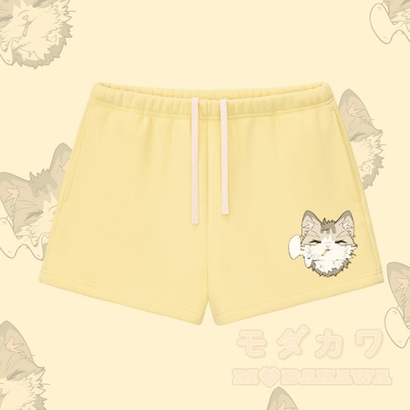 MODAKAWA Smoking Cat Graphic Thick Fleece Lined Shorts - Yellow - L - image 1