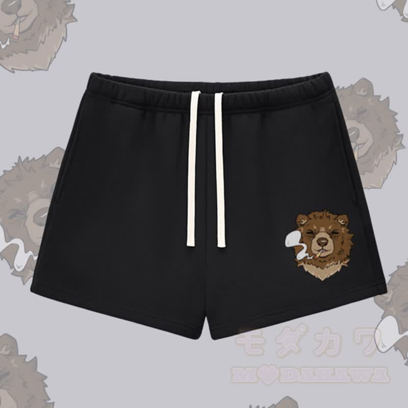 MODAKAWA Smoking Bear Graphic Thick Fleece Lined Shorts - Black - L - image 2