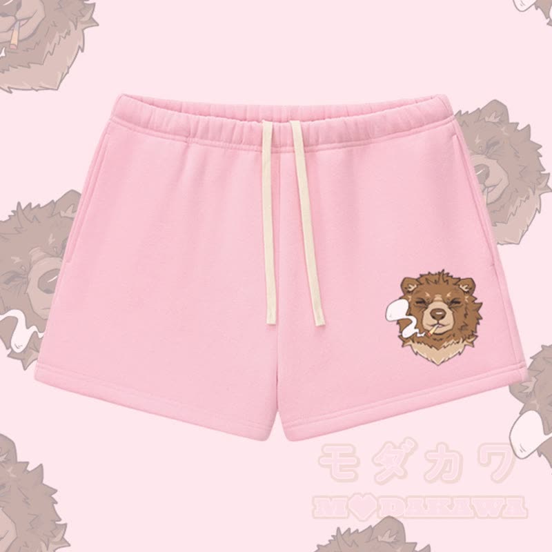 MODAKAWA Smoking Bear Graphic Thick Fleece Lined Shorts - Pink - L - image 1