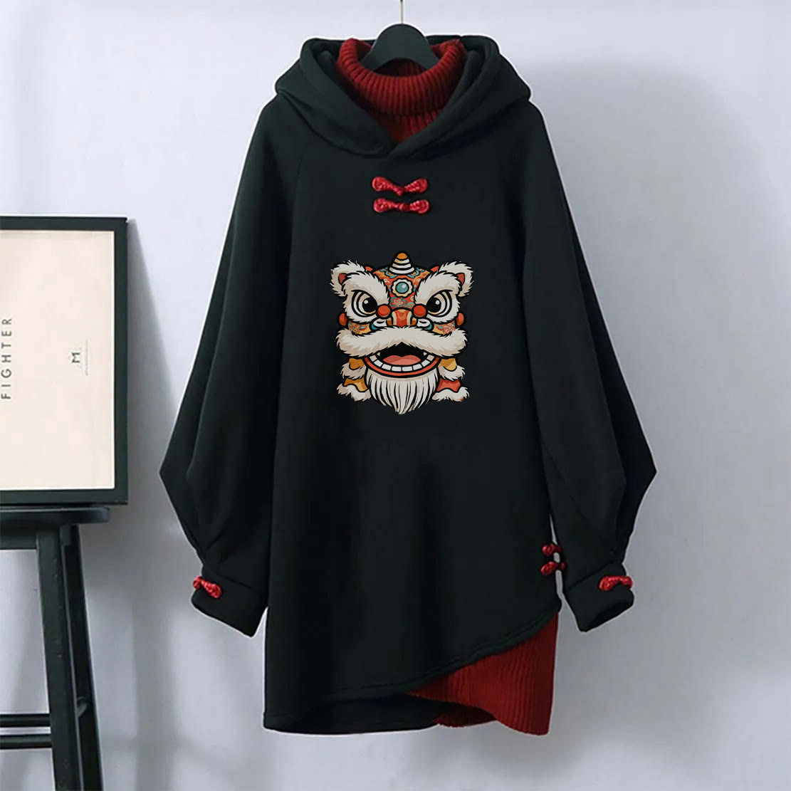 MODAKAWA Lion Head Graphic Buckle Vintage Hooded Sweatshirt Dress - Black - 3XL - image 1