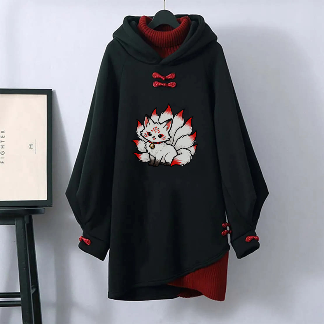 MODAKAWA Nine-Tailed Fox Graphic Buckle Vintage Hooded Sweatshirt Dress - Black - 3XL - image 1