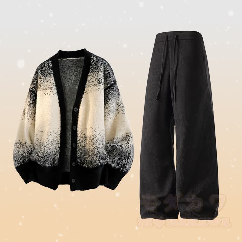 Gradient Knit Cardigan Sweater Pocket Pants Two Pieces - Set A - 3XL - image 1