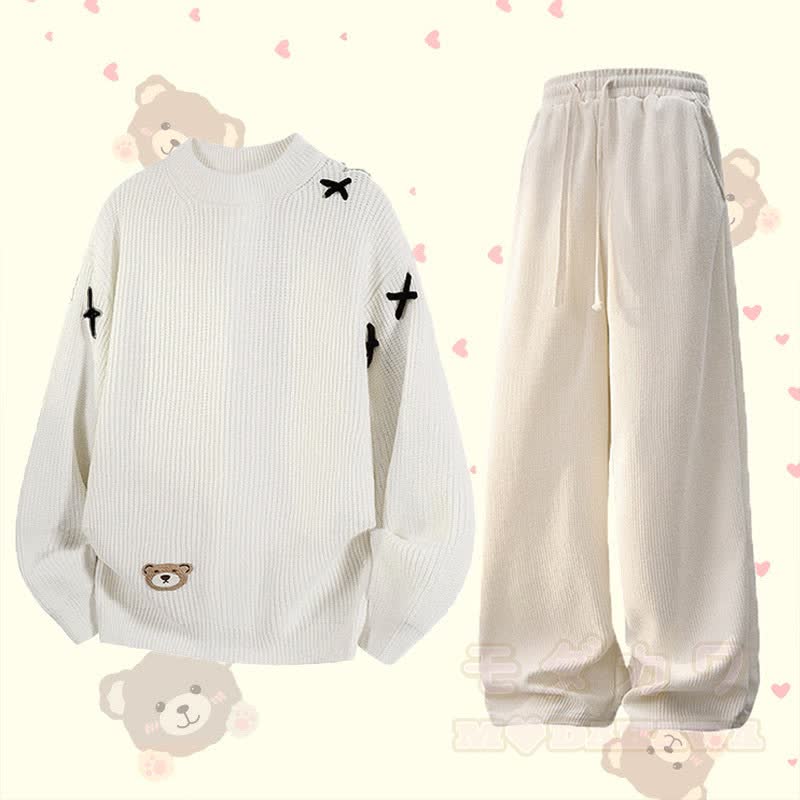 Bear Knit Sweater Pocket Pants Two Pieces Set - Beige - 3XL - image 1