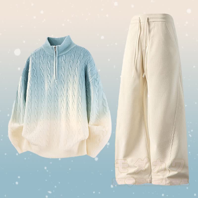 Gradient Knit Half-Zip Sweater Corduroy Pants Two Pieces - Set A - 3XL - image 1