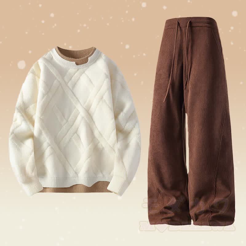 Faux Layered Knit Sweater Corduroy Pants Two Pieces - Set B - 4XL - image 2