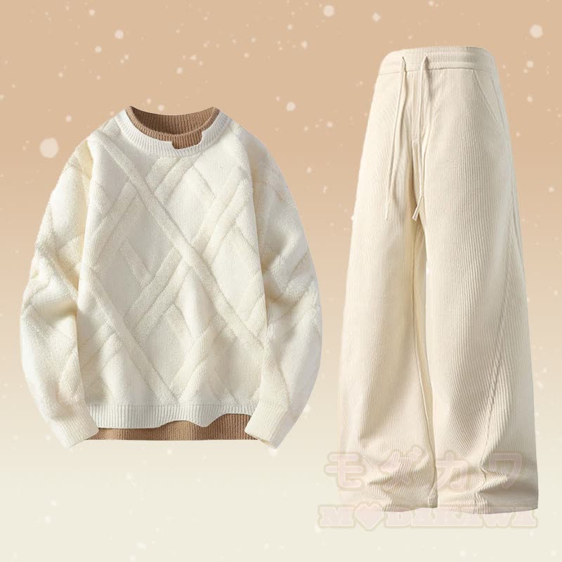 Faux Layered Knit Sweater Corduroy Pants Two Pieces - Set A - 4XL - image 1