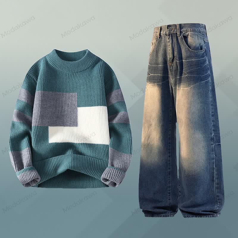 Color Block Knit Sweater Denim Pants Two Pieces - Set B - 3XL - image 2