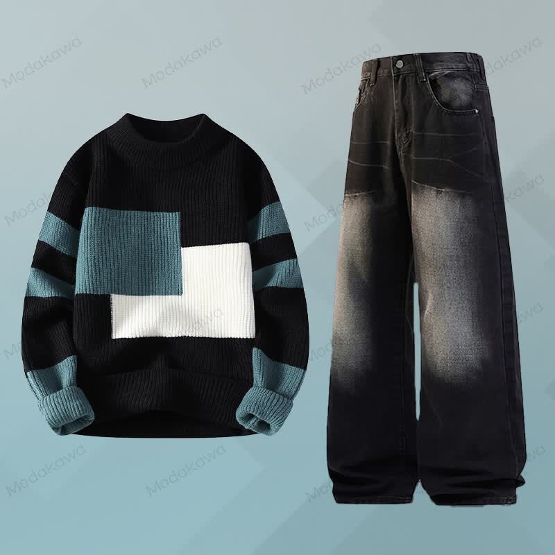 Color Block Knit Sweater Denim Pants Two Pieces - Set A - 3XL - image 1