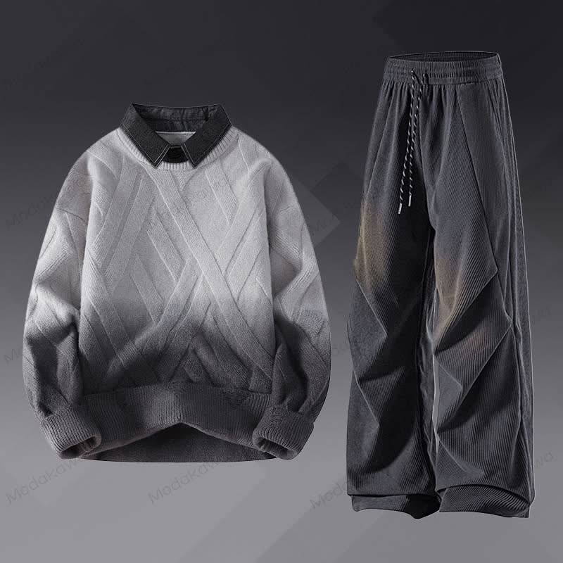 Faux Layered Knit Sweater Corduroy Pants Two Pieces - Set A - 3XL - image 1