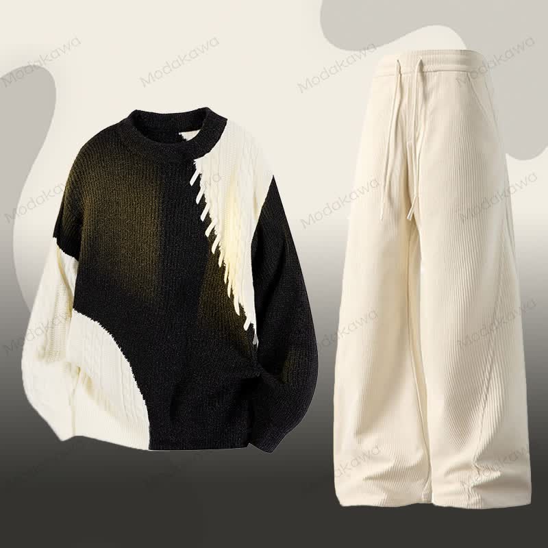 Knit Color Block Sweater Corduroy Pants Two Pieces - Set A - 3XL - image 1