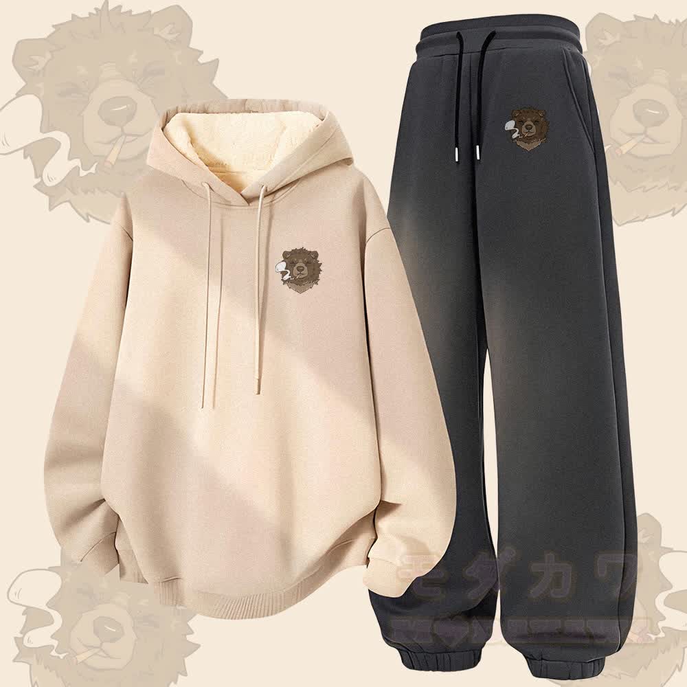 MODAKAWA Smoking Bear Graphic Thick Fleece Lined Hoodie Pants Two Pieces Set - Apricot&Dark Grey - 5XL - image 2