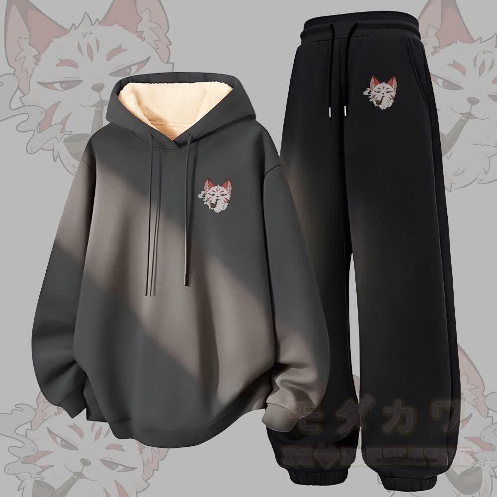 MODAKAWA Smoking Cat Graphic Thick Fleece Lined Hoodie Pants Two Pieces Set - Dark Grey&Black - 5XL - image 2