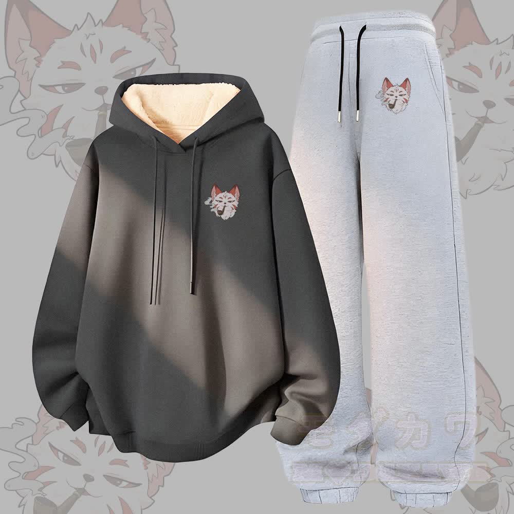 MODAKAWA Smoking Cat Graphic Thick Fleece Lined Hoodie Pants Two Pieces Set - Dark Grey&Grey - 5XL - image 1