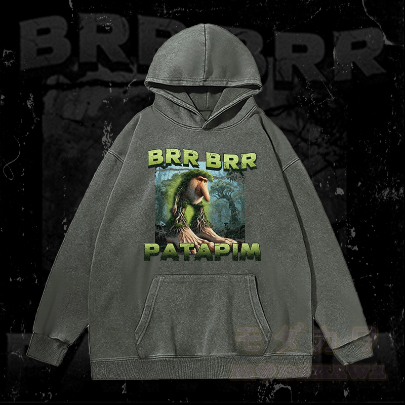 MODAKAWA BRR BRR PATAPIM Forest Monster Graphic Unisex Vintage Washed Hoodie - Grey - 3XL - image 2