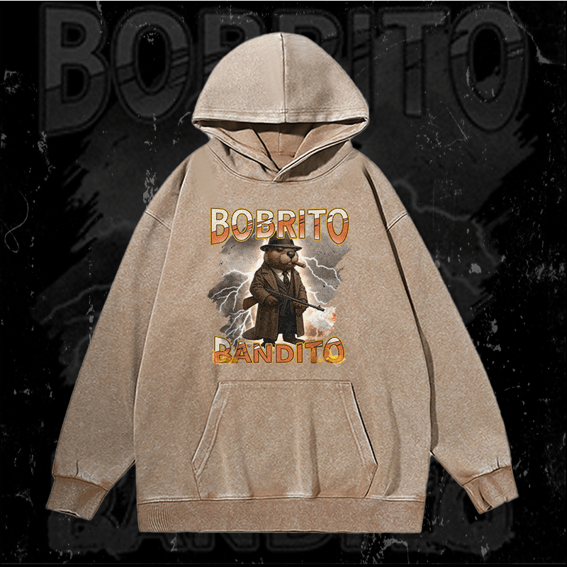 MODAKAWA BOBRITO BANDITO Gangster Beaver Graphic Unisex Vintage Washed Hoodie - Brown - 2XL - image 1