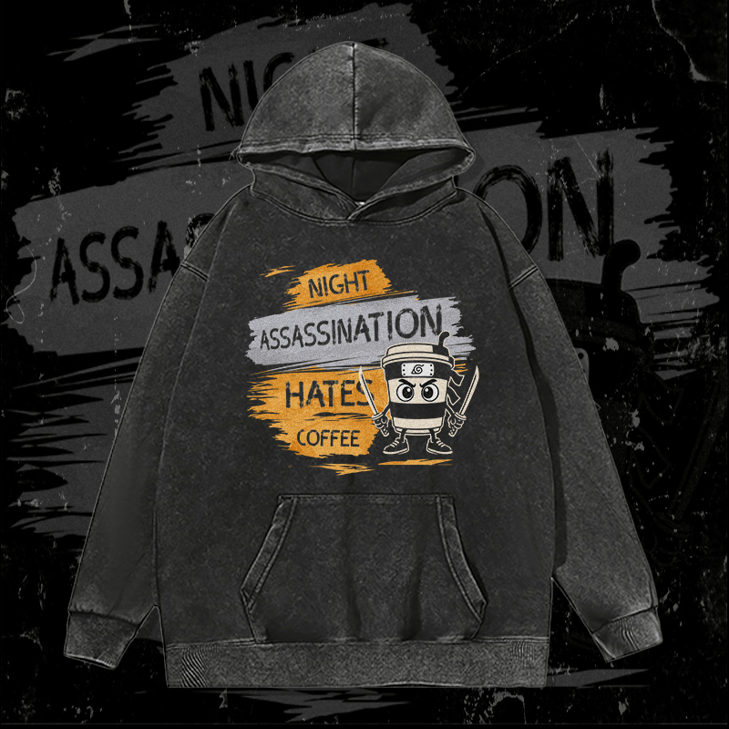MODAKAWA Coffee Ninja Graphic Unisex Vintage Washed Hoodie - Black - 2XL - image 1