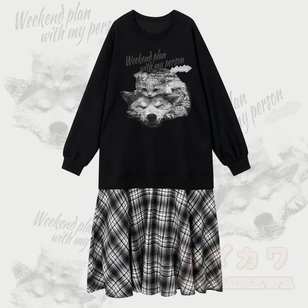 MODAKAWA WEEKEND PLAN WITH MY PERSON Kitty Puppy Graphic Faux Layered Plaid Sweatshirt Dress - Black - 2XL - image 1