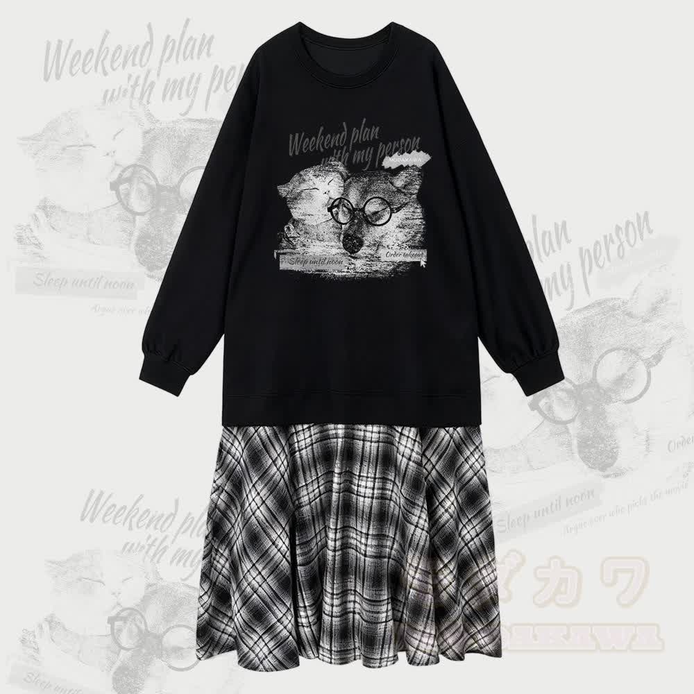 MODAKAWA WEEKEND PLAN WITH MY PERSON Puppy Kitty Graphic Faux Layered Plaid Sweatshirt Dress - Black - 2XL - image 1