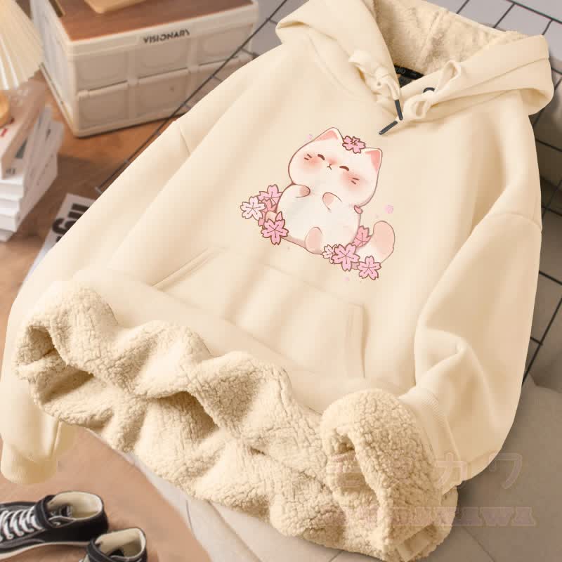 MODAKAWA Sakura Kitty Graphic Thick Fleece Lined Winter Hoodie - Apricot - 2XL - image 1