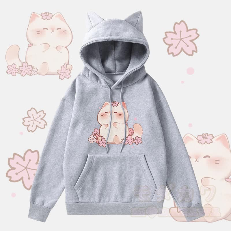 MODAKAWA Sakura Kitty Graphic Cat Ears Pocket Fleece Lined Hoodie - Grey - 2XL - image 2