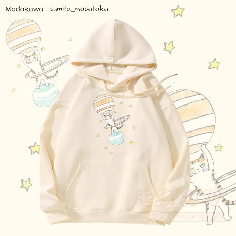 MODAKAWA X sumita_masataka Cat Lifting Saturn Graphic Fleece Lined Hoodie - Beige - 5XL - image 3