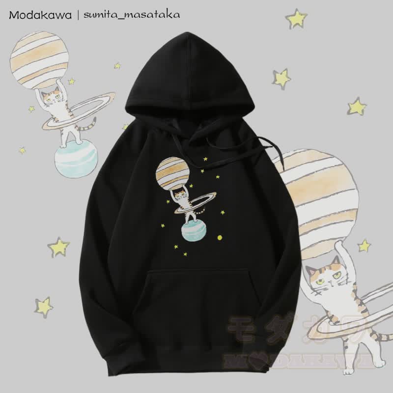 MODAKAWA X sumita_masataka Cat Lifting Saturn Graphic Fleece Lined Hoodie - Black - 5XL - image 1
