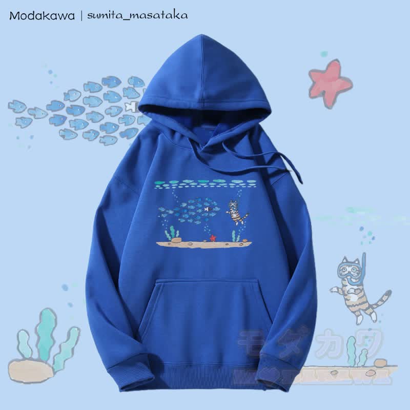 MODAKAWA X sumita_masataka Diving Cat Graphic Fleece Lined Hoodie - Blue - 5XL - image 2
