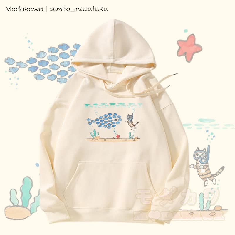 MODAKAWA X sumita_masataka Diving Cat Graphic Fleece Lined Hoodie - Beige - 5XL - image 1