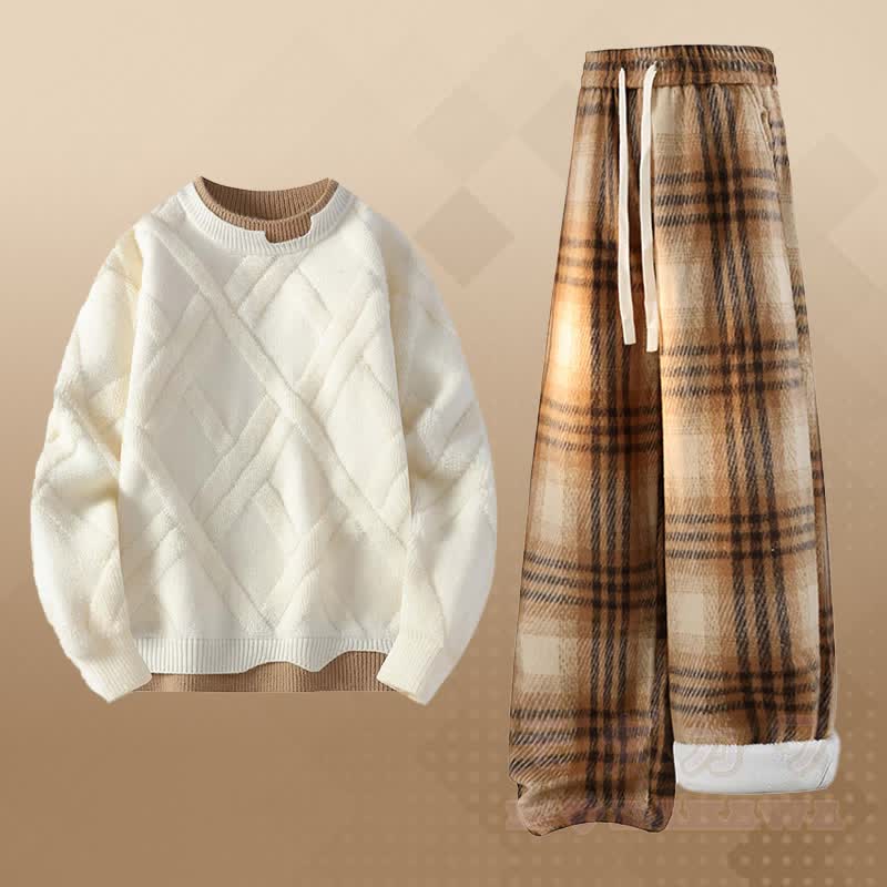 Faux Layered Knit Sweater Plaid Fleece Lined Pants Two Pieces - Set A - 2XL - image 1