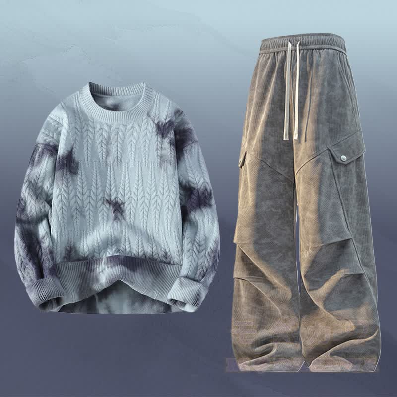 Tie-Dye Knit Sweater Cargo Pants Two Pieces - Set B - 3XL - image 2