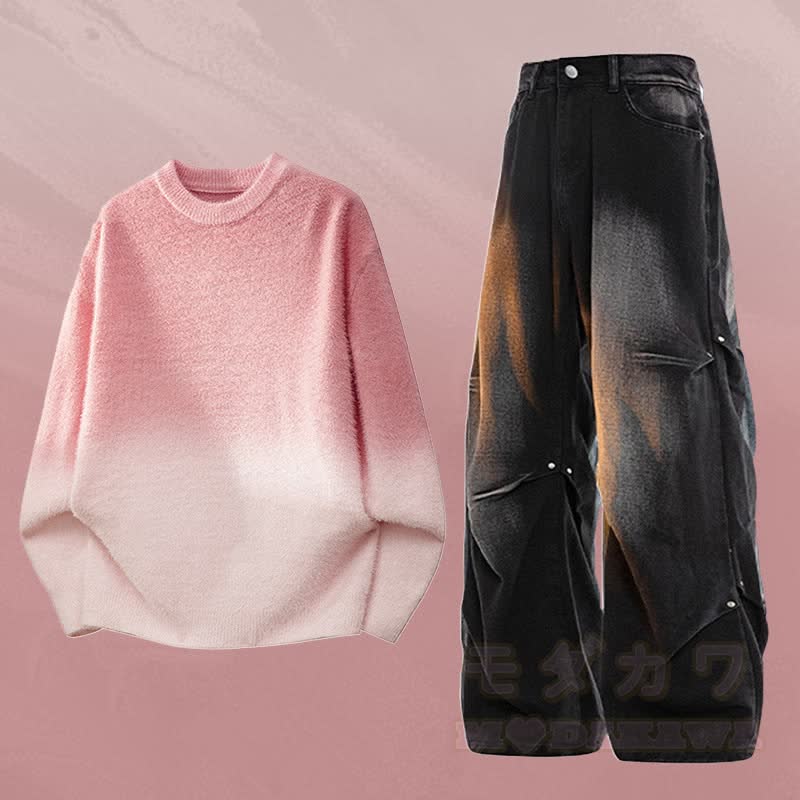 Gradient Knit Sweater Denim Pants Two Pieces - Set B - 3XL - image 2