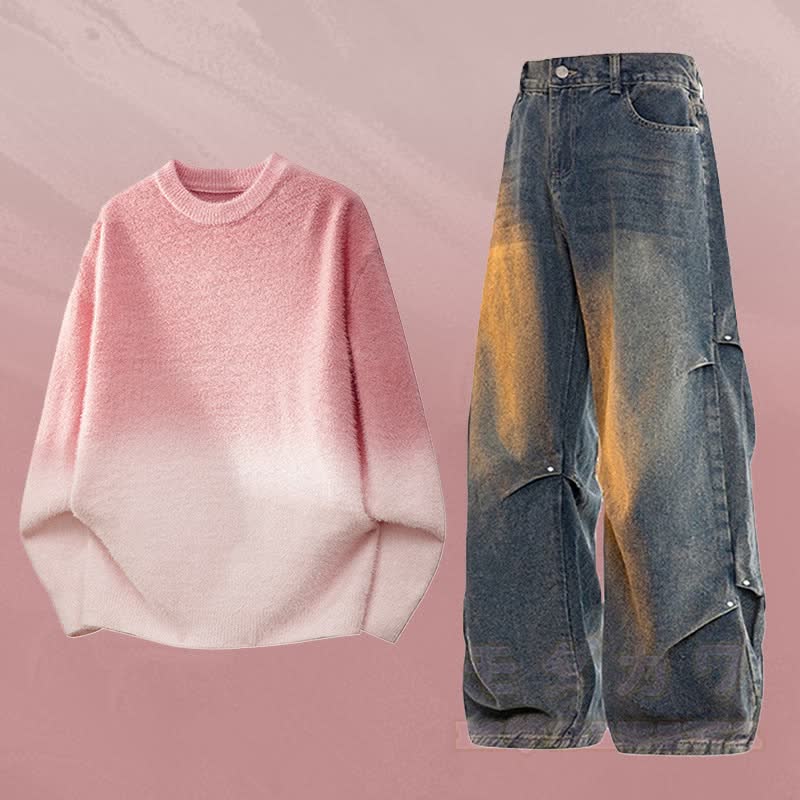 Gradient Knit Sweater Denim Pants Two Pieces - Set A - 3XL - image 1