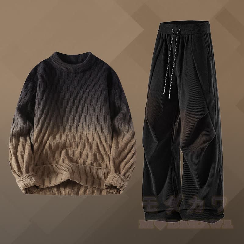 Gradient Knit Textured Sweater Corduroy Pants Two Pieces - Set B - 3XL - image 2
