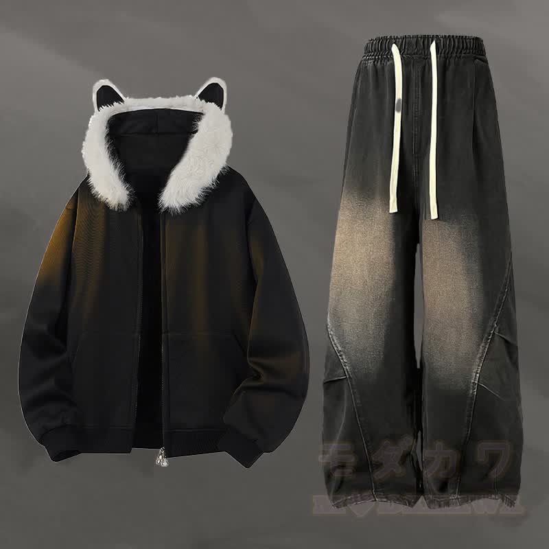 Animal Ear Fleece Lined Zip Up Hoodie Denim Pants Two Pieces - Set A - 2XL - image 1