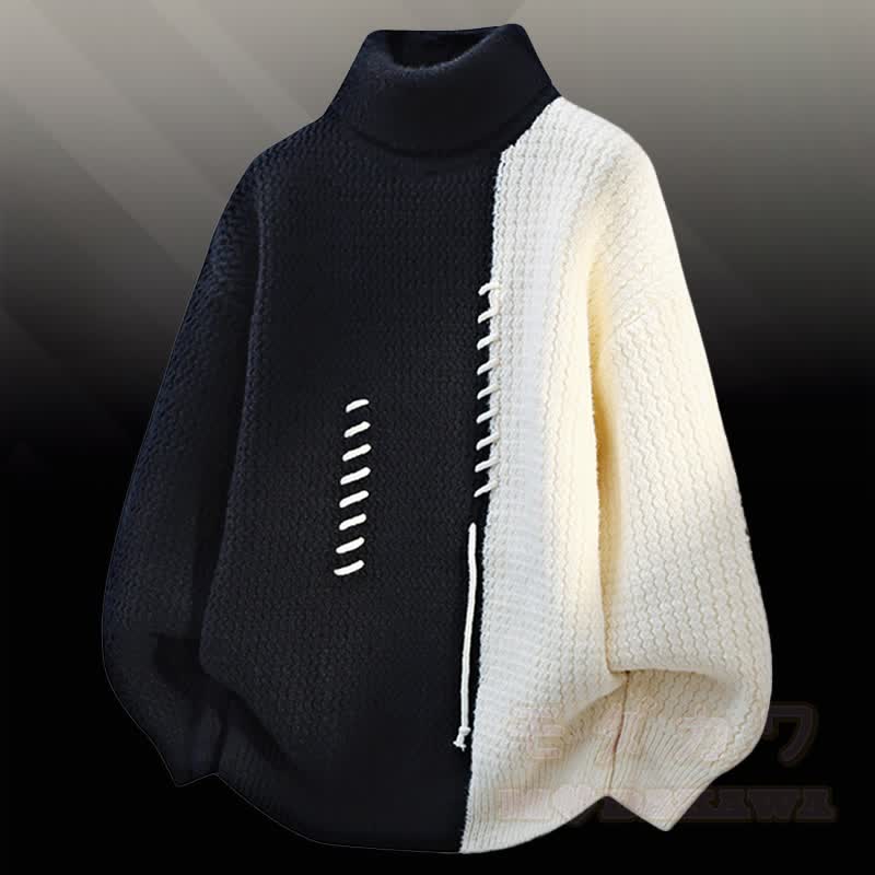 Turtleneck Color Block Fleece Lined Sweater Denim Pants Two Pieces - Black Sweater - 3XL - image 8