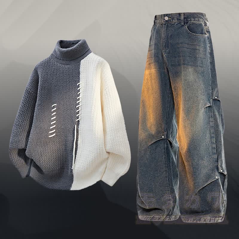 Turtleneck Color Block Fleece Lined Sweater Denim Pants Two Pieces - Set B - 3XL - image 2