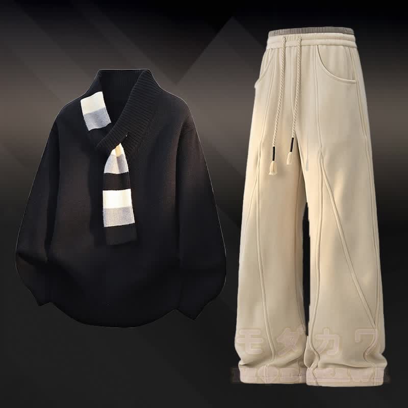 V-Neck Stripe Knit Sweater Color Block Fleece Lined Pants Two Pieces - Set B - 4XL - image 2