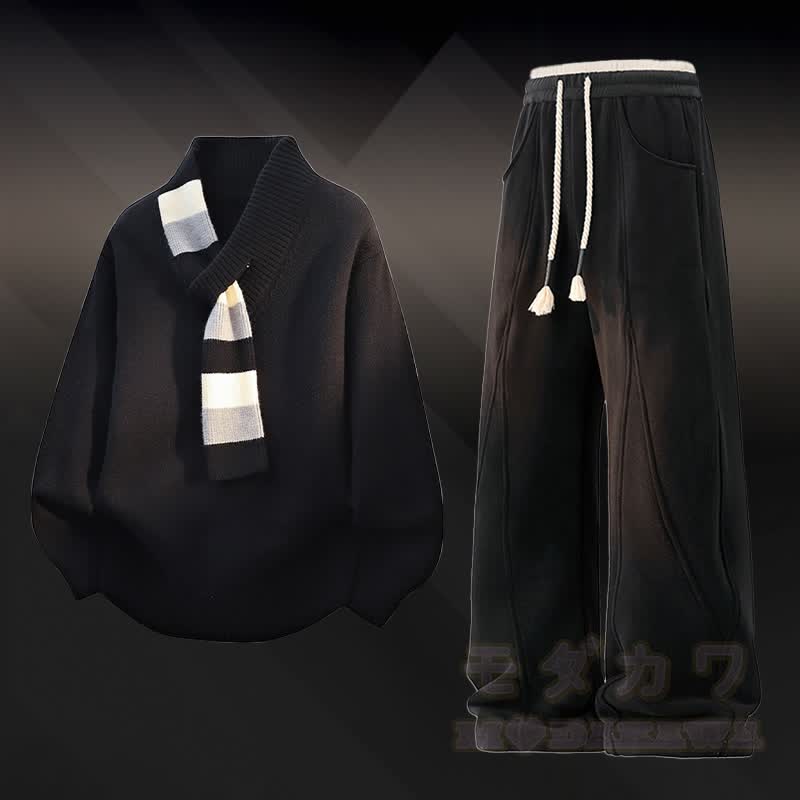 V-Neck Stripe Knit Sweater Color Block Fleece Lined Pants Two Pieces - Set A - 4XL - image 1